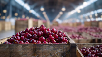 Cranberries harvested in wooden boxes in a warehouse. Natural organic fruit abundance. Healthy and natural food storing and shipping concept.