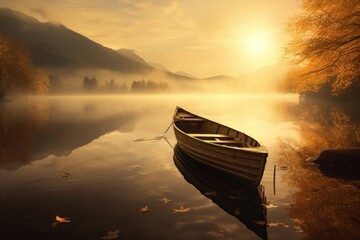 Lake landscape outdoors rowboat. - obrazy, fototapety, plakaty