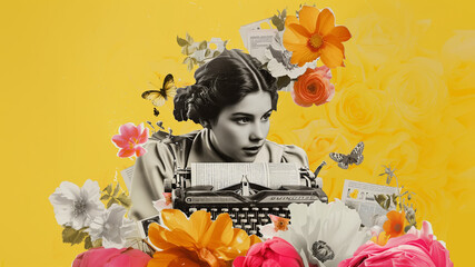 Art of a girl typing on a typewriter surrounded by flowers. Digital illustration: writer, secretary, copywriter, marketer.