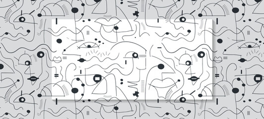 Obraz premium Illustration simple drawing geometric shape, doodle art. Abstract graphic design, vector seamless pattern with black and white line. Cute cartoon seamless design for print fabric, wallpaper background