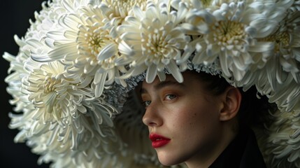 portrait of a woman with white chrysanthemum flower. Fashion beauty concept for editing with free space for editing