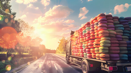 Cargo truck full of macarons on the road in the french countryside and sunset. Concept of high quality food products, cargo and shipping.