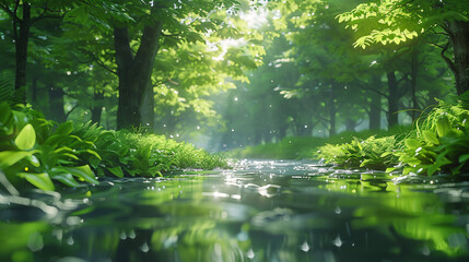 Similar to Image 3, serene forest stream with sunlight filtering through the canopy