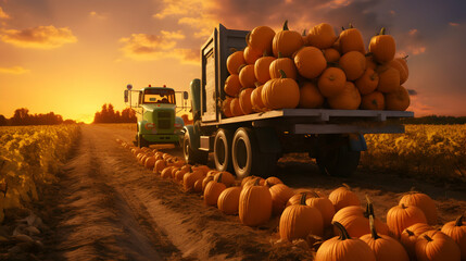 Cargo truck carrying orange pumpkins fruit in an orchard with sunset. Concept of food production, transportation, cargo and shipping.