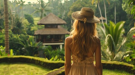 A young woman wearing a hat is standing against the backdrop of a green tropical forest.