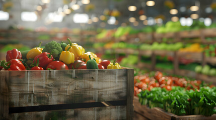 Various vegetables harvested in wooden boxes in a warehouse. Natural organic fruit abundance. Healthy and natural food storing and shipping concept.