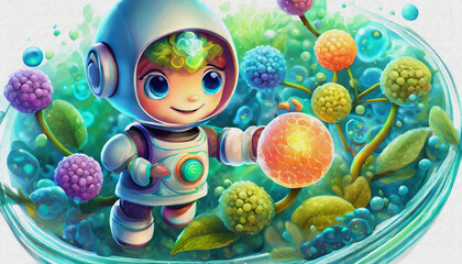 oil painting style Cartoon CHARACTER CUTE BABY ANDROID ROBOT Molecular biologist analyzing DNA structure in a lab, 
