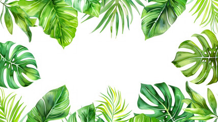 Watercolor Tropical green leaves frame on white background with copy space, dense jungle. Summer floral background. Exotic palm leaves, jungle tree, tropic botany elements. Perfect for fabric design.