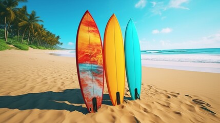 colorful surfboards standing in tropical beach sand with ocean in the background.