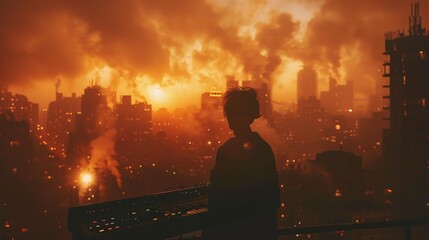 A young woman stands on a rooftop overlooking a dystopian cityscape. The sky is orange and the city is in ruins.