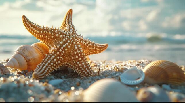 Marine biota consist of starfish, sea shells, and sea snails on the clean white sand of the beach