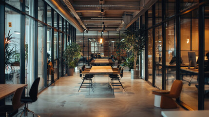 A large open office space with a lot of natural light and plants - Powered by Adobe