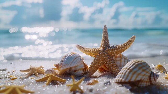 Marine biota consist of starfish, sea shells, and sea snails on the clean white sand of the beach