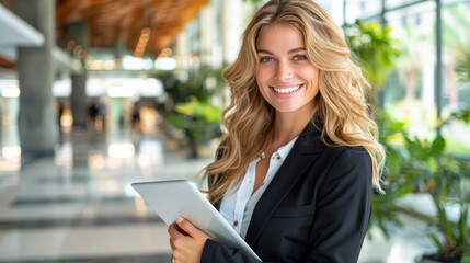 Portrait of confident businesswoman in suit holding tablet with copy space on blurred background