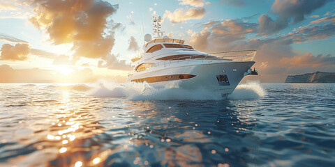 luxury yacht at sunset in blue sea, speed boat - obrazy, fototapety, plakaty