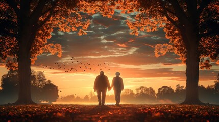 An elderly couple holding hands and walking away from the camera through a park with orange autumn trees and a setting sun.