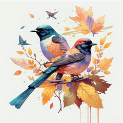 hand-drawn birds, leaves autumn season, detailed illustration, pastel colors flora, hand-drawn of flowers clipart white background scattered water color, scattered watercolor, has shadow.
