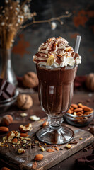 A Chocolate Milkshake with Whipped Cream and Nuts