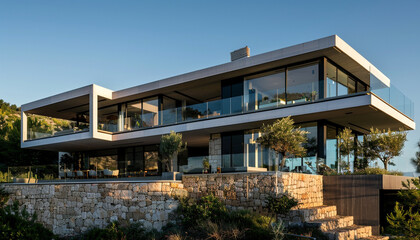 Contemporary hillside residence with cascading terraces and panoramic windows, under a clear summer sky.