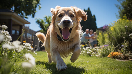 Happy running golden retriever and cute kids play together on the backyard