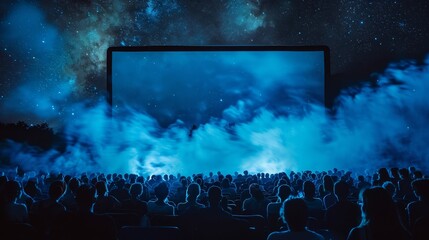 An outdoor movie night with a large screen and a starry night sky.