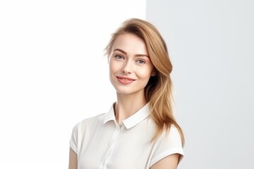 Obraz premium Portrait of a radiant young woman with blonde hair and a flawless complexion, smiling gently. Smiling Woman with Flawless Complexion