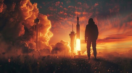 Astronaut watching a rocket launch at sunset