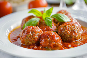 Traditional Italian meatballs served in a rich tomato sauce, presented on a plain white plate - obrazy, fototapety, plakaty