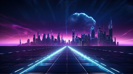 Synthwave-style landscape with urban high-rises, and sun. Backdrop for banner, retrowave, synthwave, cyberpunk style