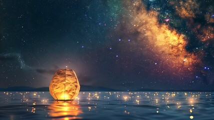  A touching portrayal merging Memorial Day, the Lantern Festival, and a single radiant lantern, set against the captivating backdrop of the Milky Way galaxy