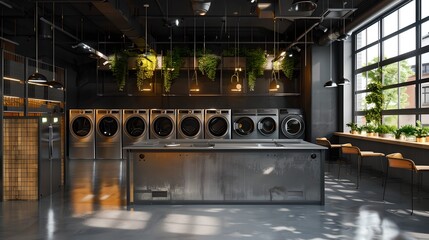 Modern urban style laundromat with industrial design elements. Stylish, clean and functional. Interior design concept photo. AI