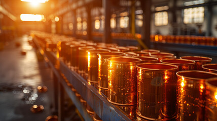 Canned food production line at a factory. - obrazy, fototapety, plakaty