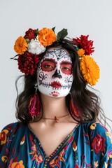 young mexican woman with vibrant dia de los muertos skull makeup and styling for cinco de mayo, festive hispanic heritage look for cultural event