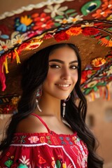 beautiful young mexican woman wearing traditional embroidered dress and sombrero hat for cinco de mayo, festive hispanic culture portrait for holiday