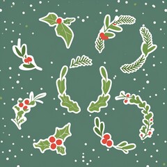 Circular Floral Wreath Stickers featuring illustrations of holly branches