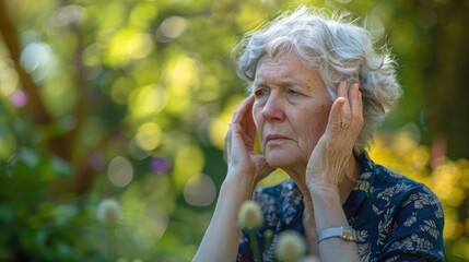 Elderly woman in outdoor park for anxiety, headache, stress, burnout or depression in nursing home