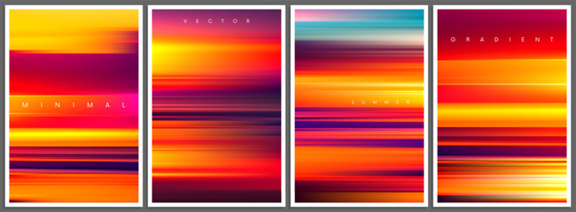 Set of saturated hot summer gradient posters in minimal style. Beautiful ocean beach horizon with sunrise or sunset. Trendy design with blurred background for banner, flyer, cover or invitation