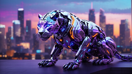  a black panther made of metal with purple and blue lights on its body. The background is a blurred city at night with tall buildings and lights - obrazy, fototapety, plakaty
