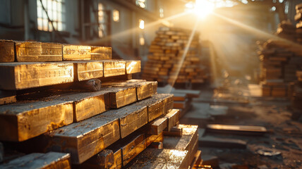 Stacks of steel bars in sunlight