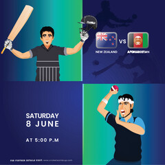 T20 Cricket Match Between New Zealand VS Afghanistan Team with Batter Player, Bowler Character in National Jersey. Advertising Poster Design.