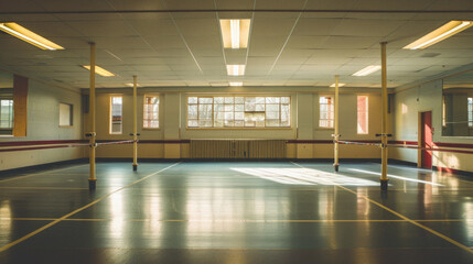 A large empty gymnasium with a few windows