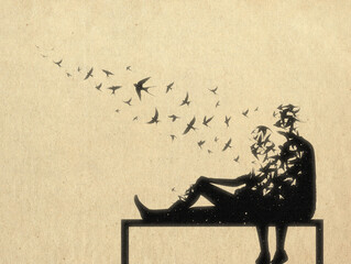 Loving couple on bench. Death and afterlife. Flying birds silhouette