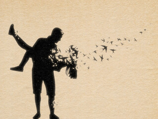 Lovers silhouette. Loss of loved one. Death and afterlife. Flying bird