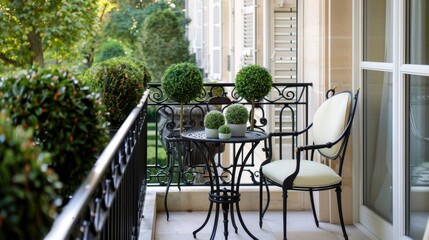 Fototapeta premium Elegant balcony with lush greenery and classical wrought iron railing