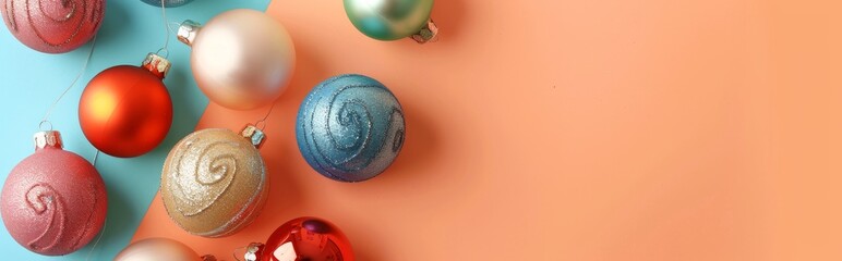 Colorful Christmas Baubles on Two-Tone Background.