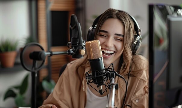 Cheerful young woman with headphones and microphone recording a podcast at studio.
