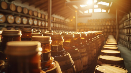 Rows of wooden barrels in a cellar