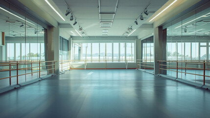 A large empty dance studio with a glass wall