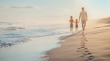 father and young son holding hands walking barefoot along sandy beach shores on sunny summer day, family bonding lifestyle