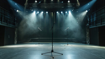 A microphone stand is in the middle of a stage with a large, empty room